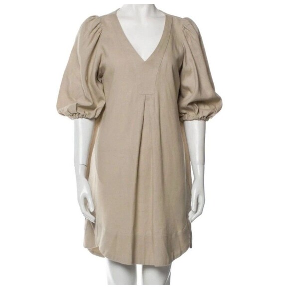 CYNTHIA ROWLEY Women’s Sand Linen Blend Puff Sleeve V-Neck Midi Dress size S - Picture 1 of 10